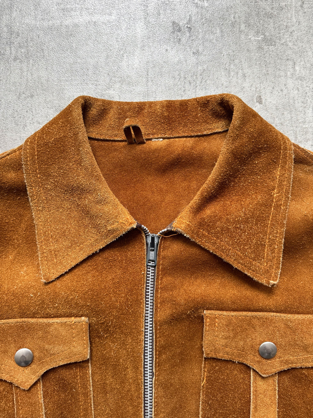 Vintage 1960's English Made Clix Zipper Tan Suede Skinny Jacket.