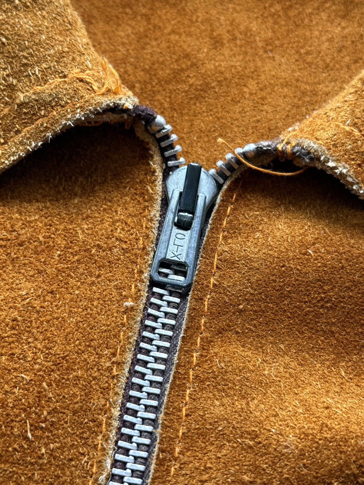 Vintage 1960's English Made Clix Zipper Tan Suede Skinny Jacket.