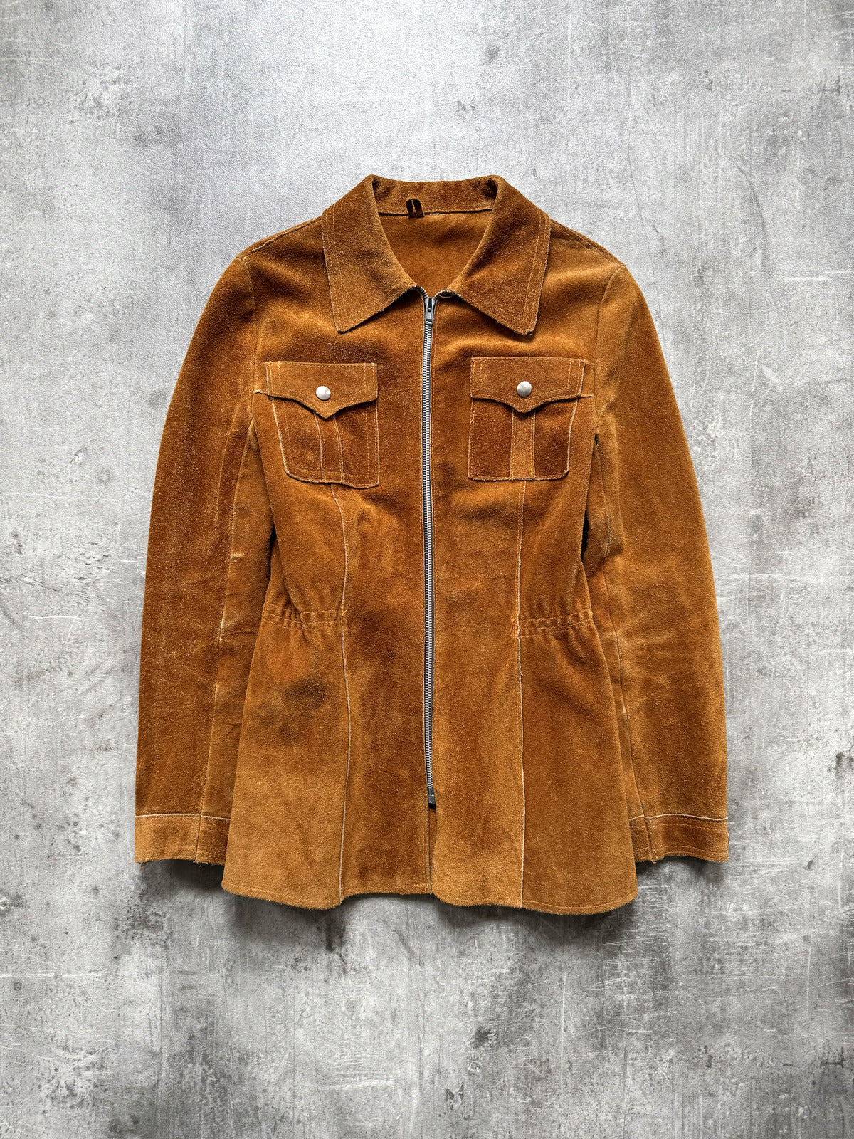 Vintage 1960's English Made Clix Zipper Tan Suede Skinny Jacket.
