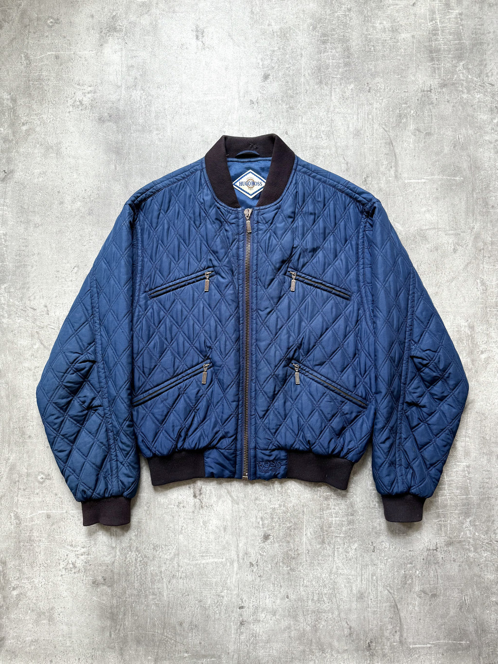 Vintage 1980's Hugo Boss Pure Silk Diamond Quilt Four Pocket Bomber Jacket.