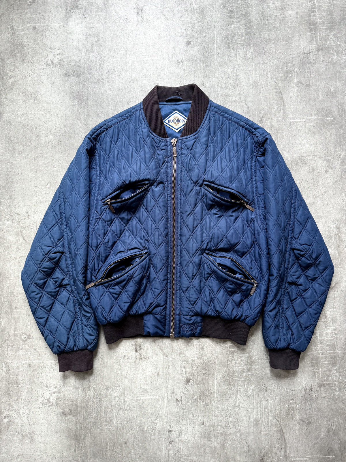 Vintage 1980's Hugo Boss Pure Silk Diamond Quilt Four Pocket Bomber Jacket.