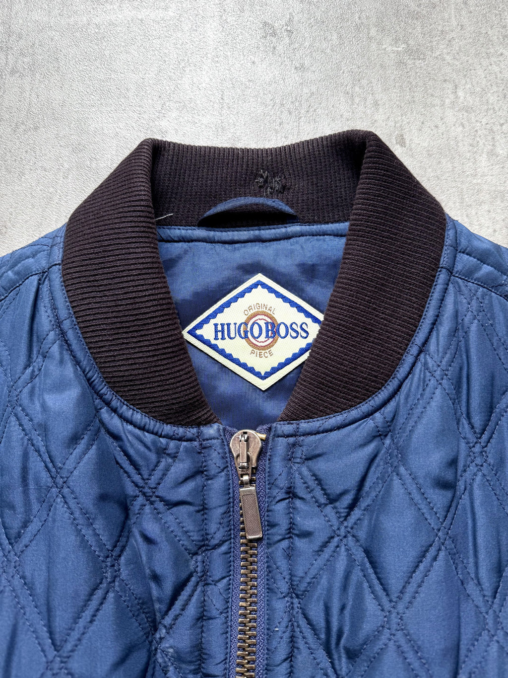 Vintage 1980's Hugo Boss Pure Silk Diamond Quilt Four Pocket Bomber Jacket.