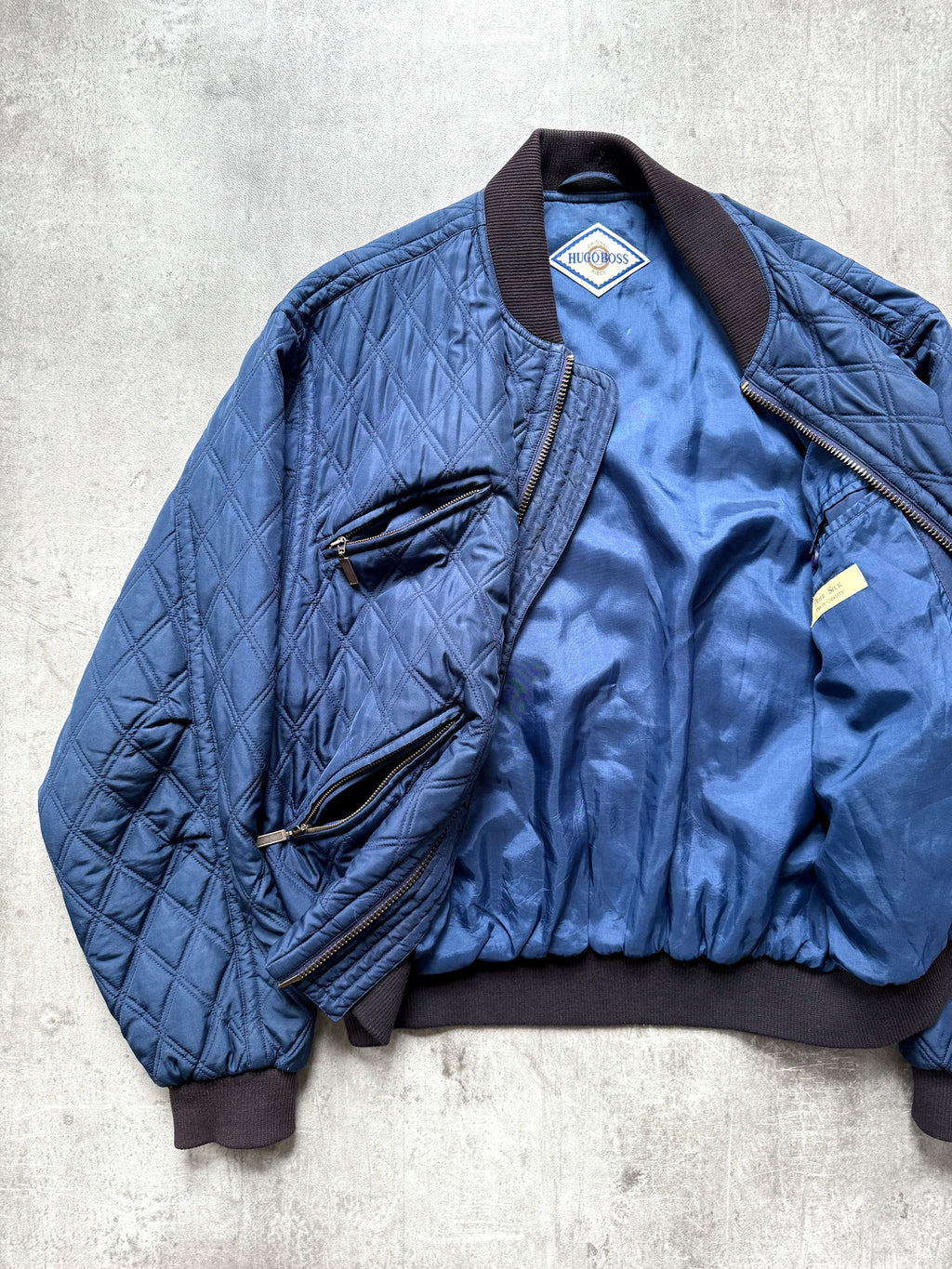 Vintage 1980's Hugo Boss Pure Silk Diamond Quilt Four Pocket Bomber Jacket.