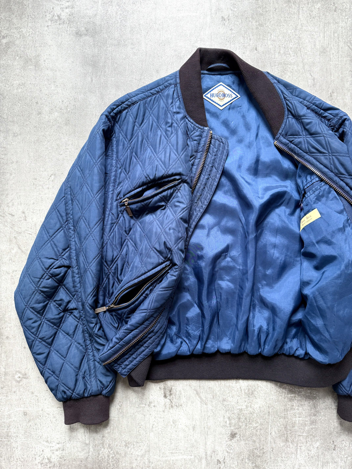 Vintage 1980's Hugo Boss Pure Silk Diamond Quilt Four Pocket Bomber Jacket.