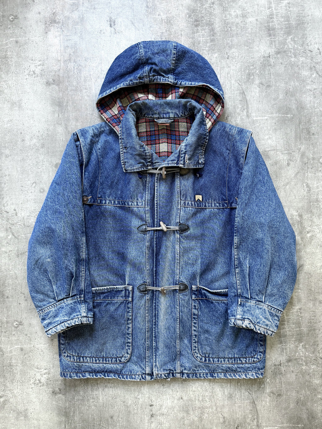 Vintage 1980's Marlboro Leisurewear Italian Plaid Blanket Lined Denim Duffle Coat.