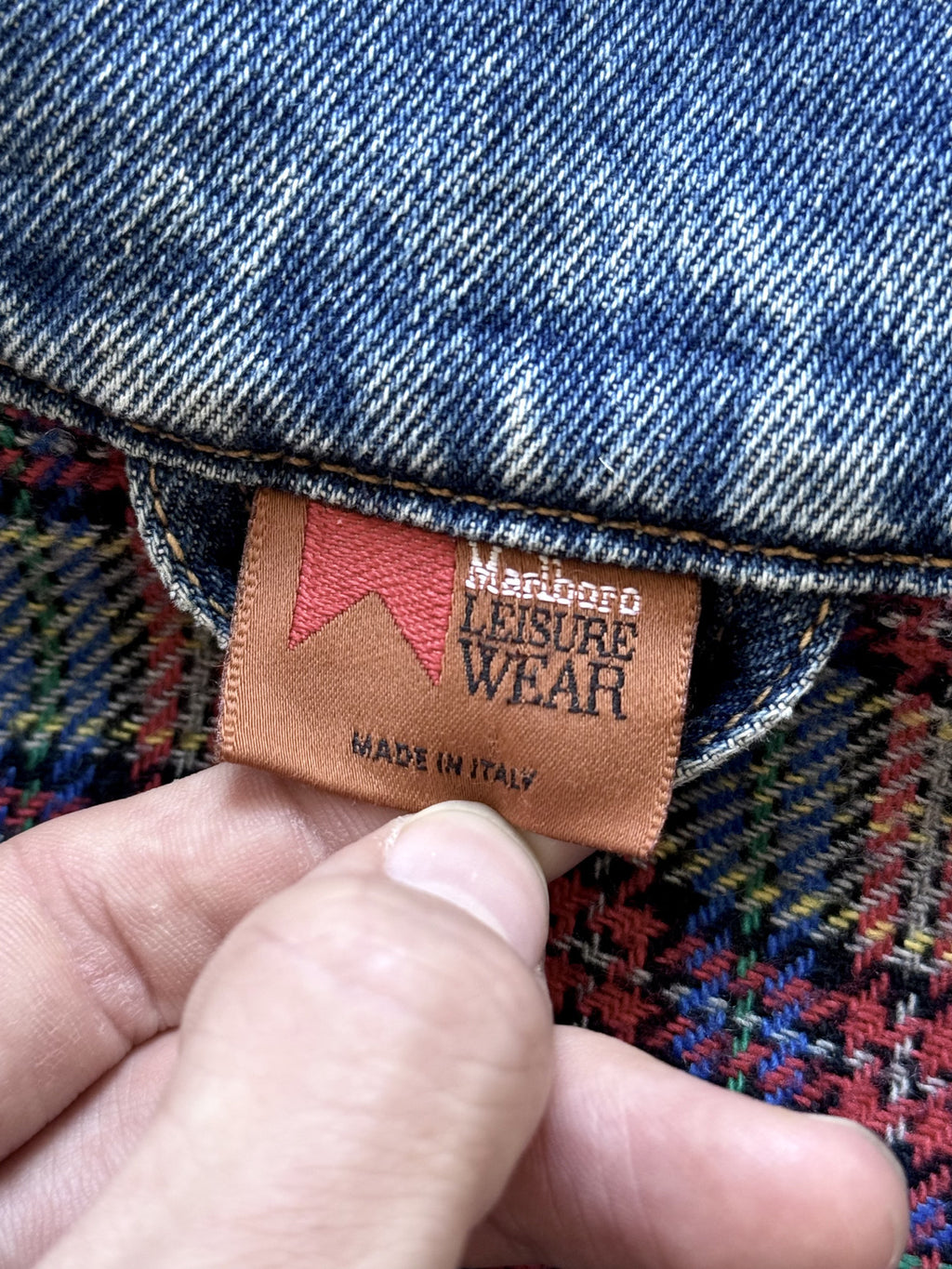 Vintage 1980's Marlboro Leisurewear Italian Plaid Blanket Lined Denim Duffle Coat.