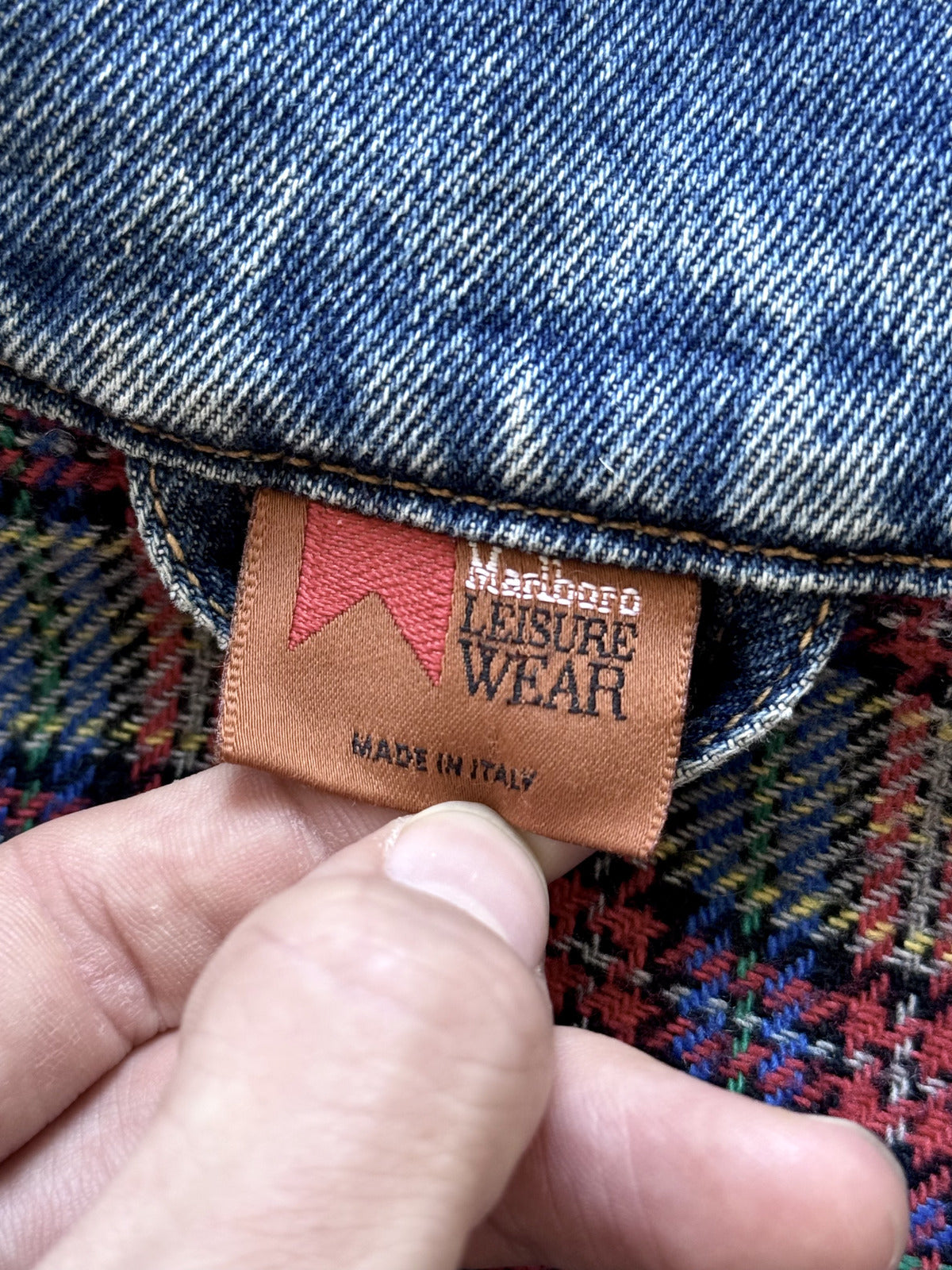 Vintage 1980's Marlboro Leisurewear Italian Plaid Blanket Lined Denim Duffle Coat.