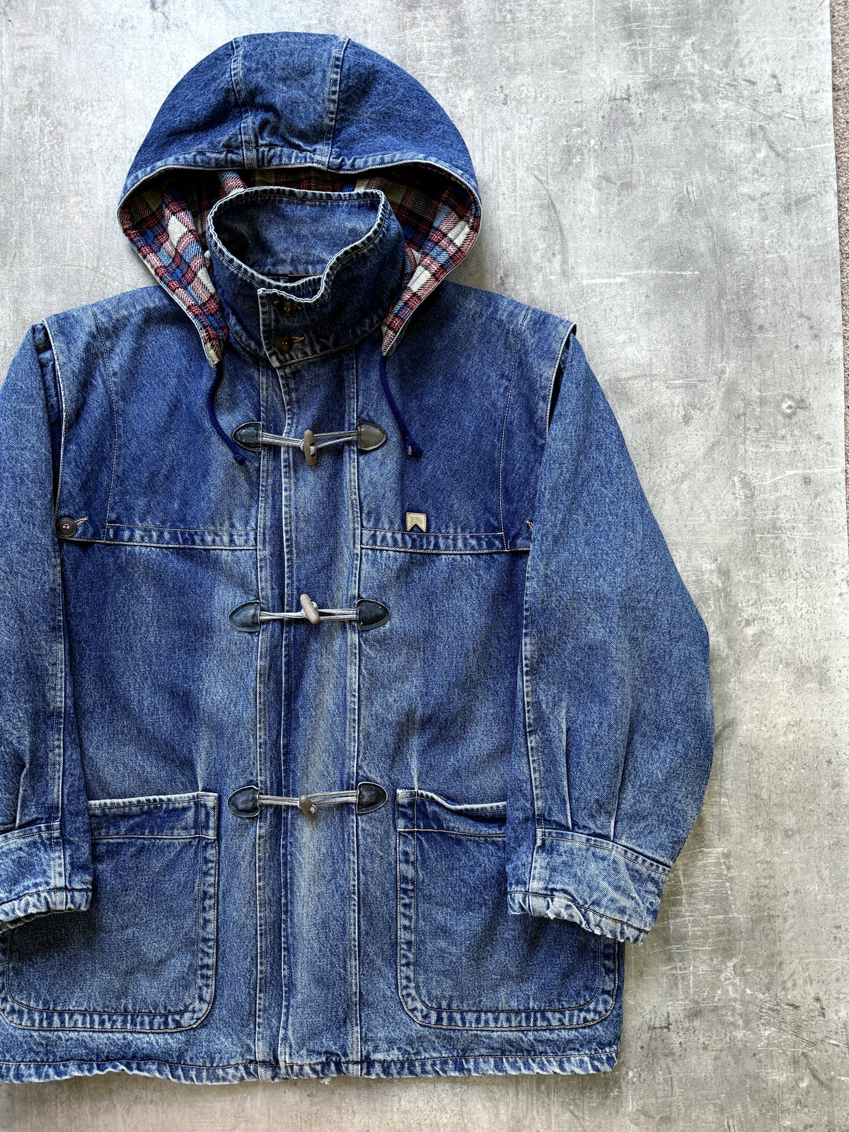 Vintage 1980's Marlboro Leisurewear Italian Plaid Blanket Lined Denim Duffle Coat.