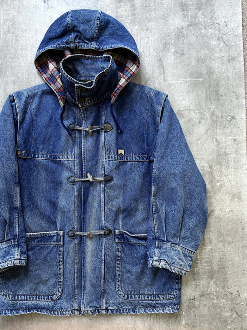 Vintage 1980's Marlboro Leisurewear Italian Plaid Blanket Lined Denim Duffle Coat.