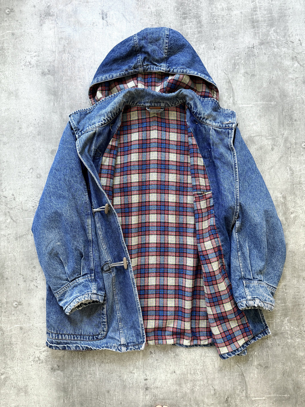 Vintage 1980's Marlboro Leisurewear Italian Plaid Blanket Lined Denim Duffle Coat.