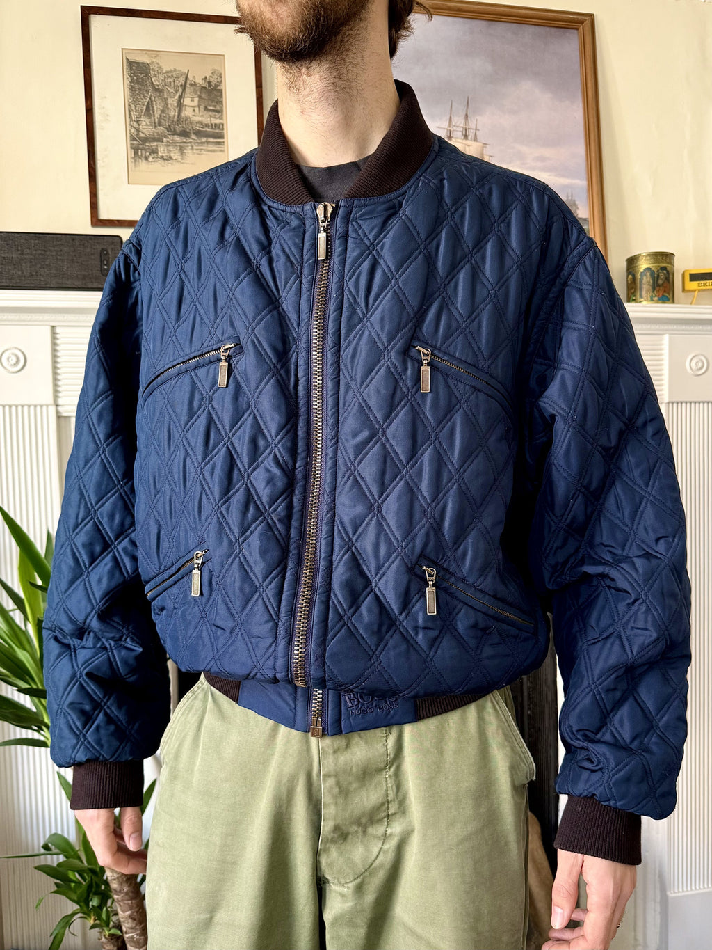 Vintage 1980's Hugo Boss Pure Silk Diamond Quilt Four Pocket Bomber Jacket.