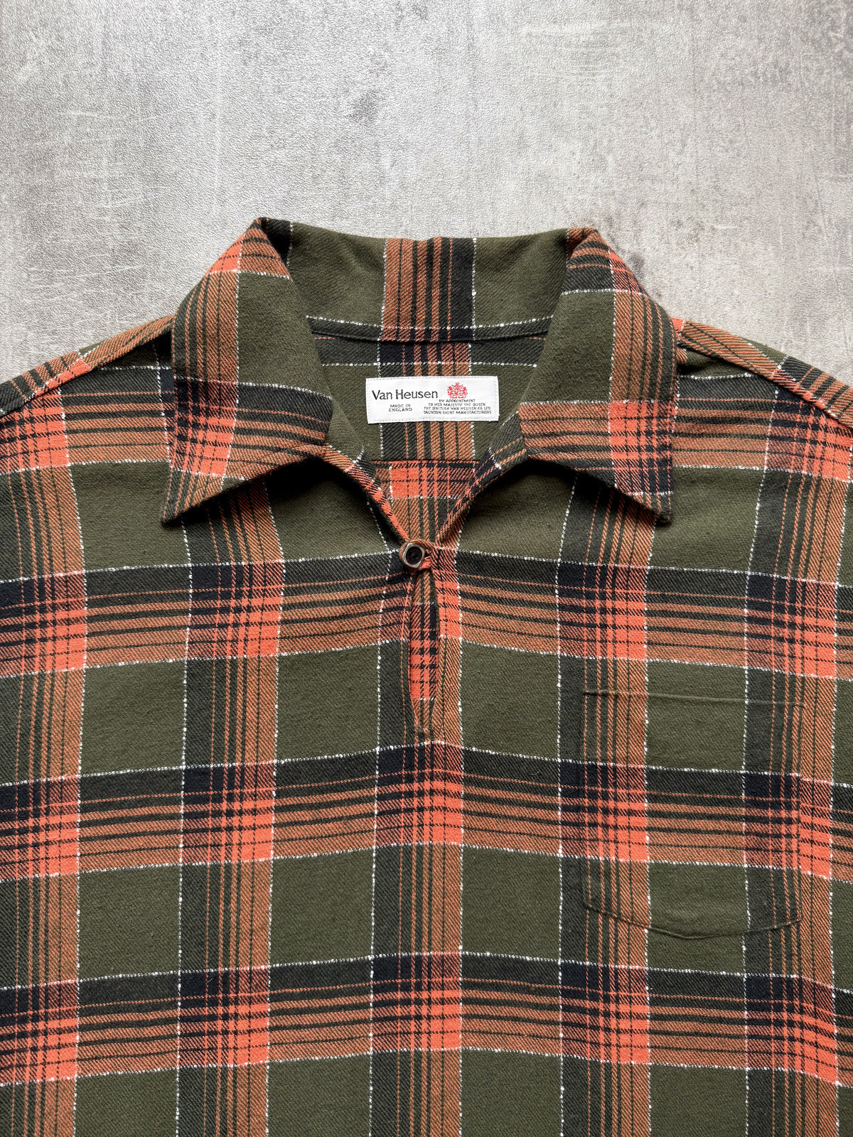 Vintage 1980's Van Heusen English Made Flannel Cotton Plaid Smock Shirt.