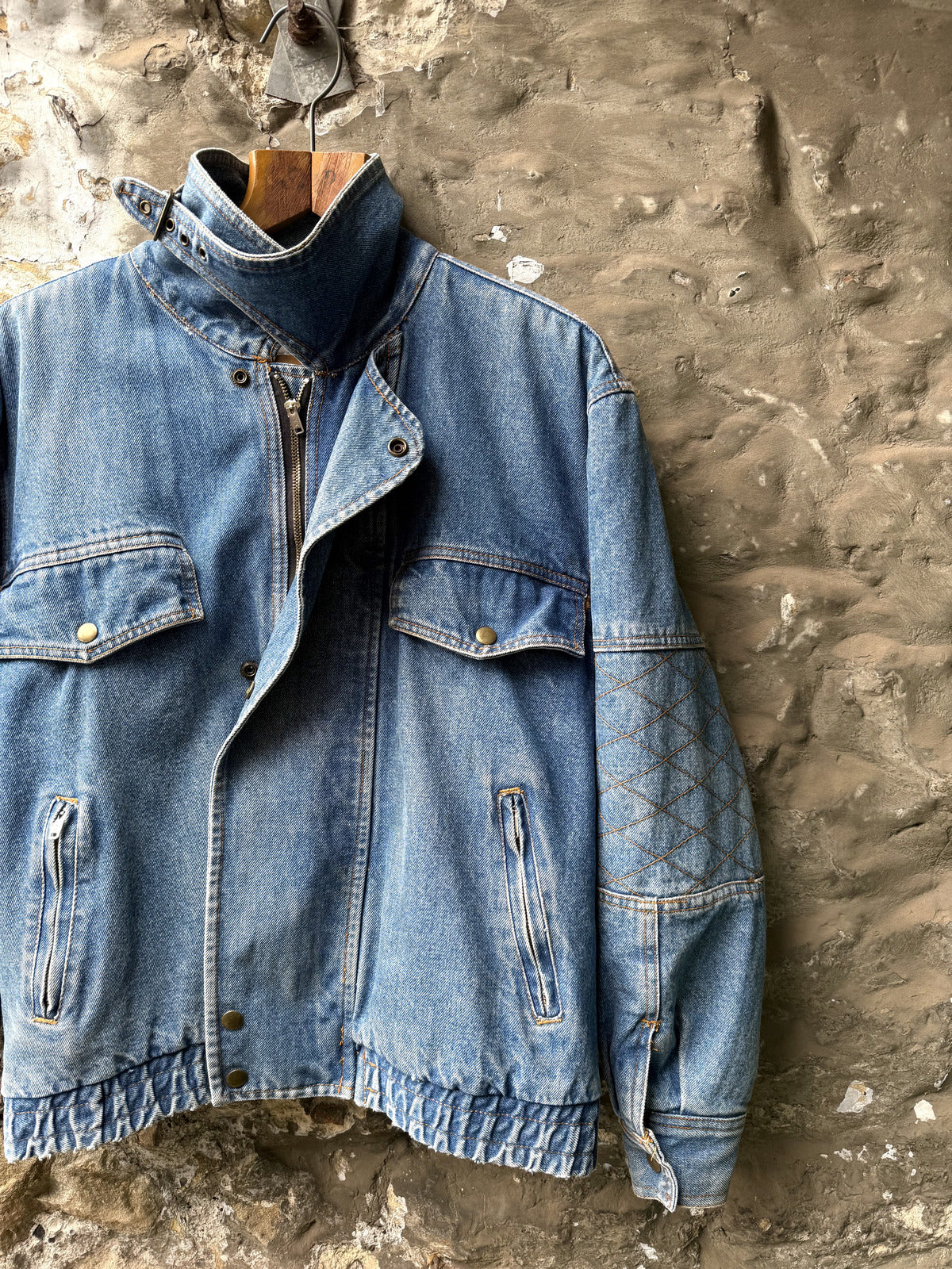 Vintage 1980's Nashville Stone Wash Throat Latch Quilt Denim Blouson.