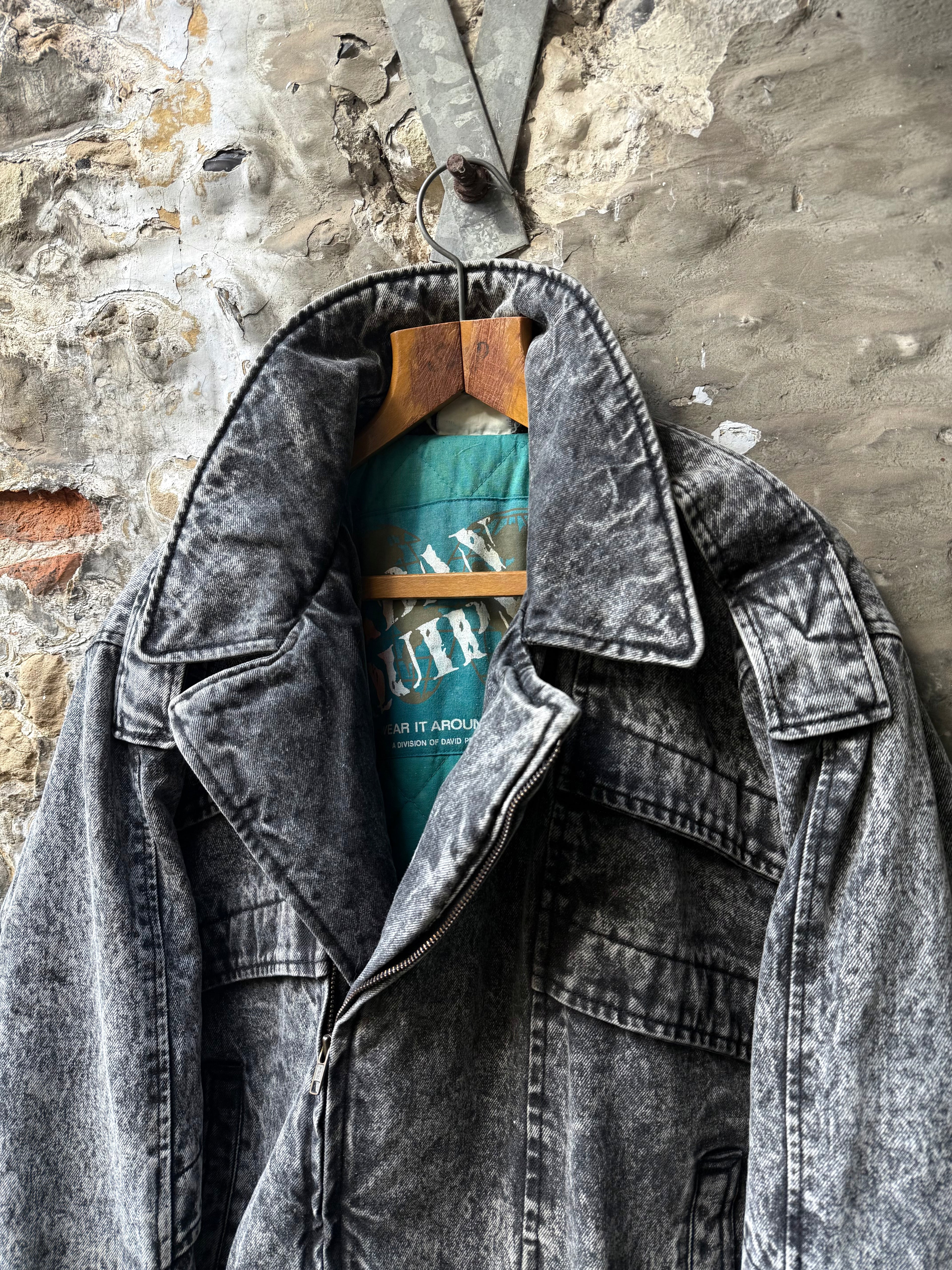 Vintage 1980s Urban Equipment Avant Garde Acid Washed Utility Denim Work Bomber.