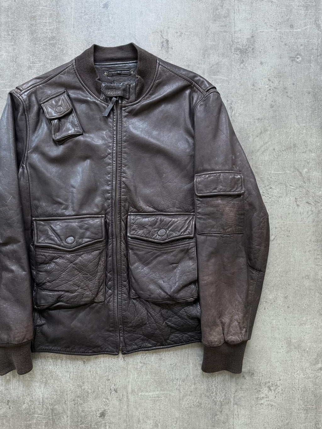 Vintage 1990's A2 Military Multi-Pocket Brown Leather Flight Bomber Jacket.