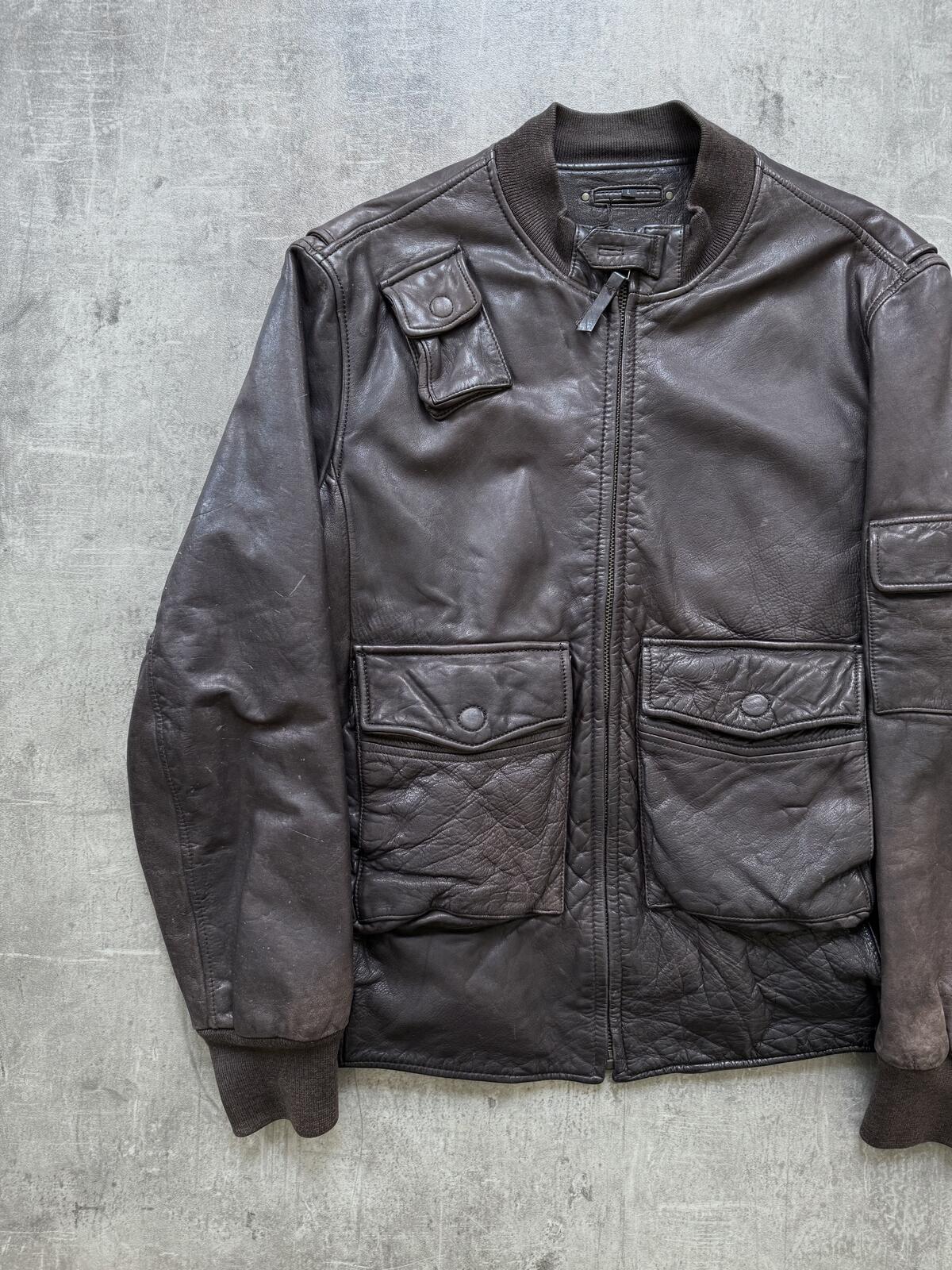 Vintage 1990's A2 Military Multi-Pocket Brown Leather Flight Bomber Jacket.