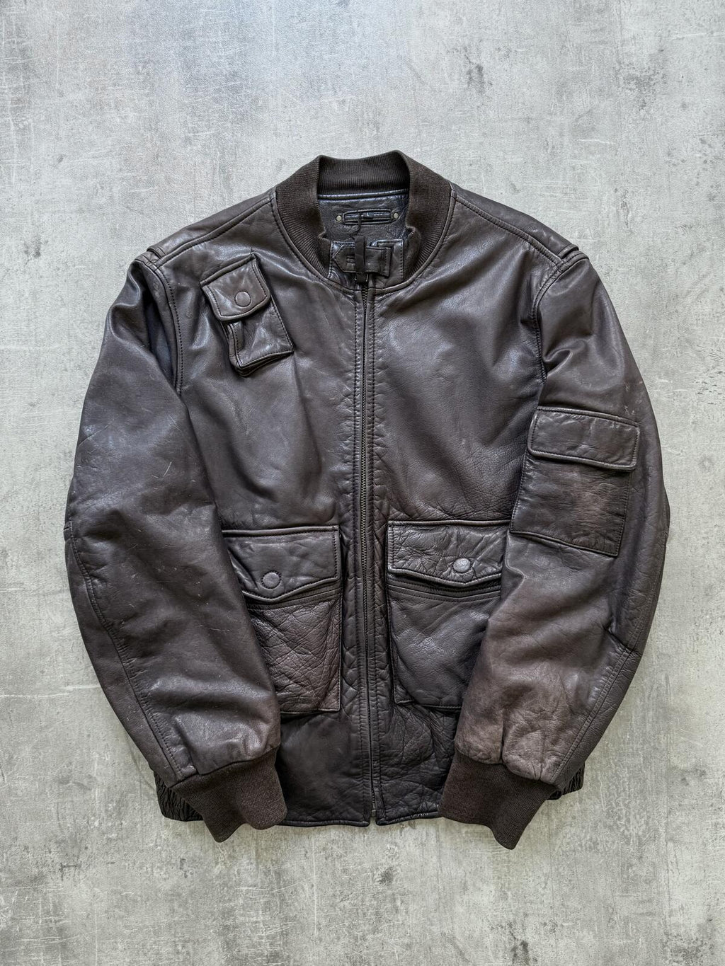 Vintage 1990's A2 Military Multi-Pocket Brown Leather Flight Bomber Jacket.