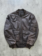 Vintage 1990's A2 Military Multi-Pocket Brown Leather Flight Bomber Jacket.