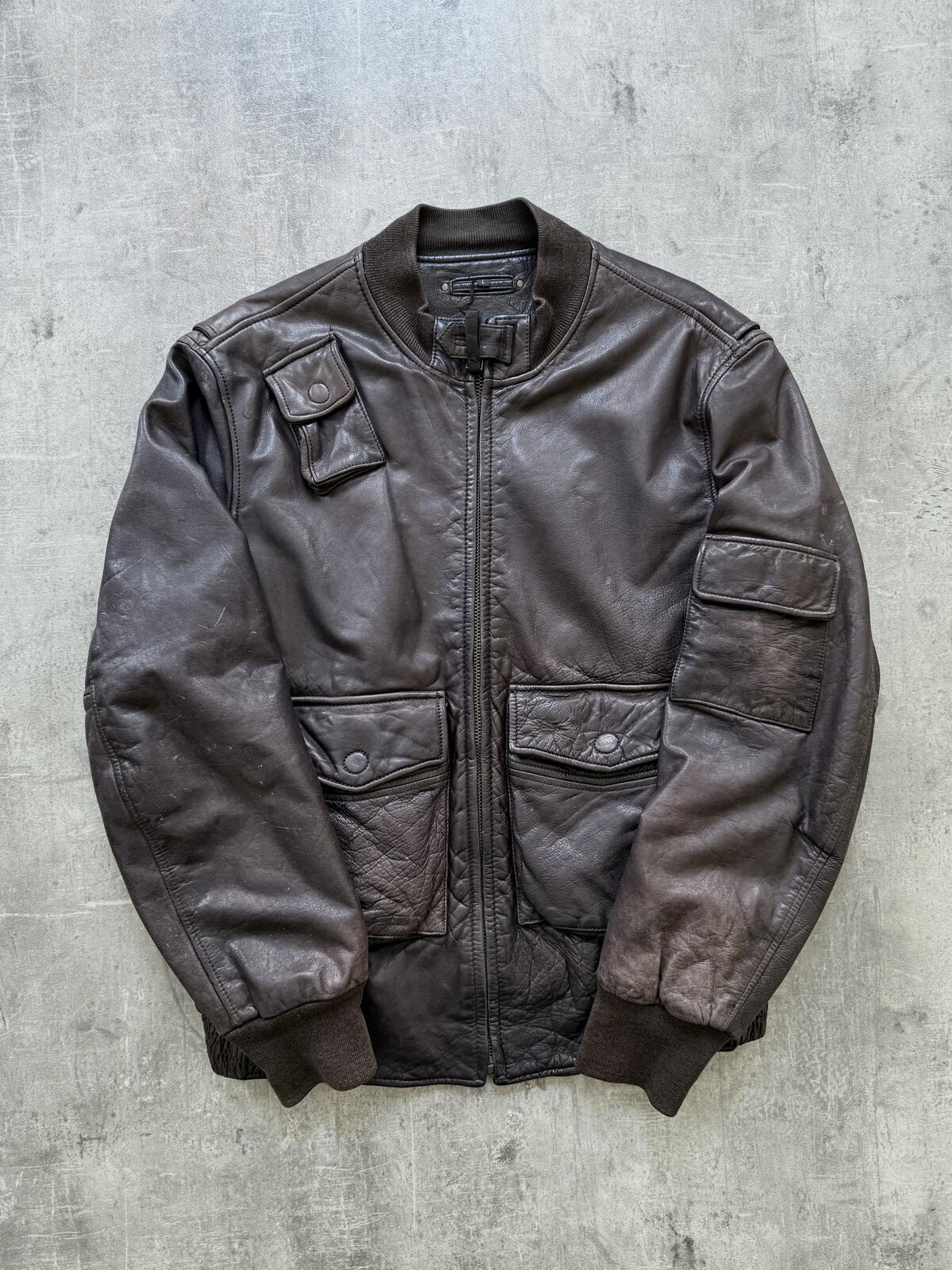 Vintage 1990's A2 Military Multi-Pocket Brown Leather Flight Bomber Jacket.