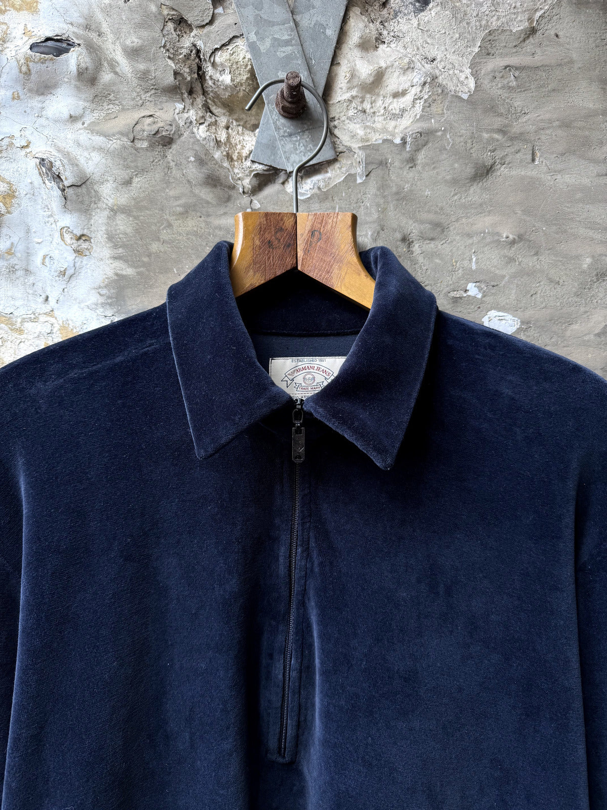 Vintage 1990’s Armani Jeans Navy Cotton Velour 1/4 Zip Polo Sweatshirt.