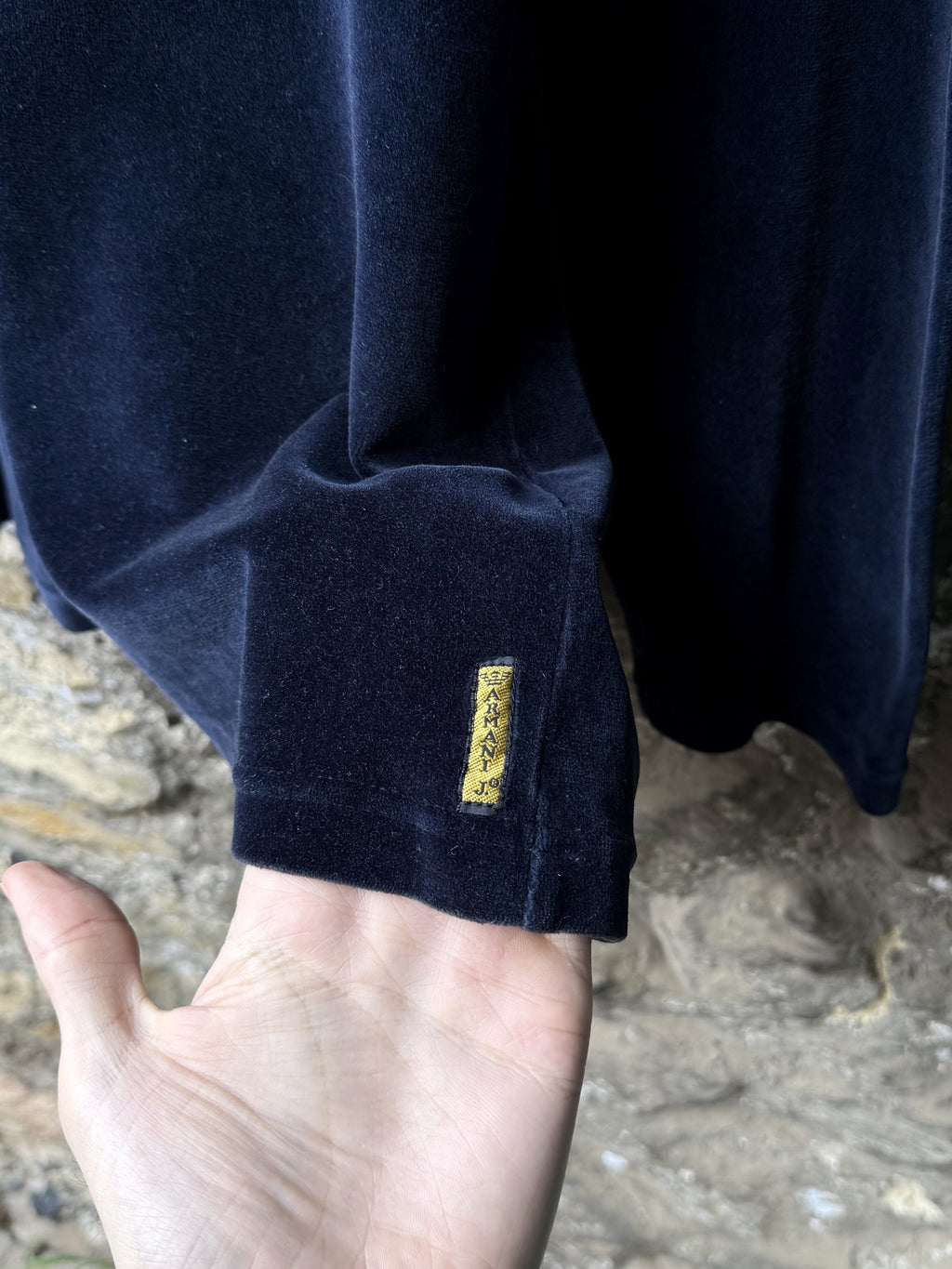 Vintage 1990’s Armani Jeans Navy Cotton Velour 1/4 Zip Polo Sweatshirt.
