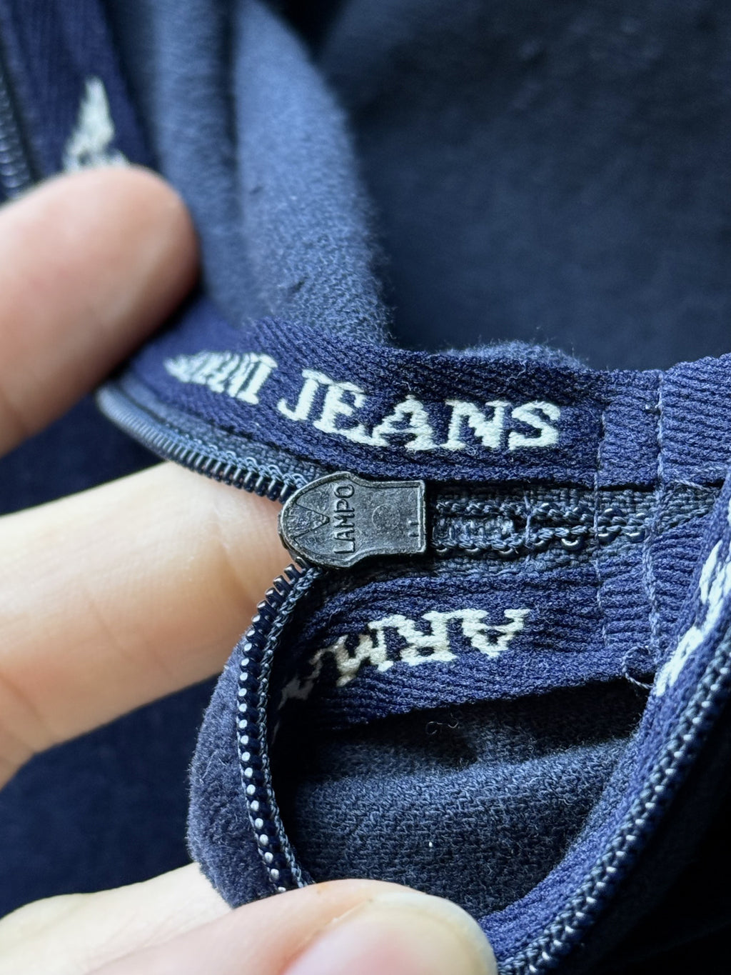 Vintage 1990’s Armani Jeans Navy Cotton Velour 1/4 Zip Polo Sweatshirt.