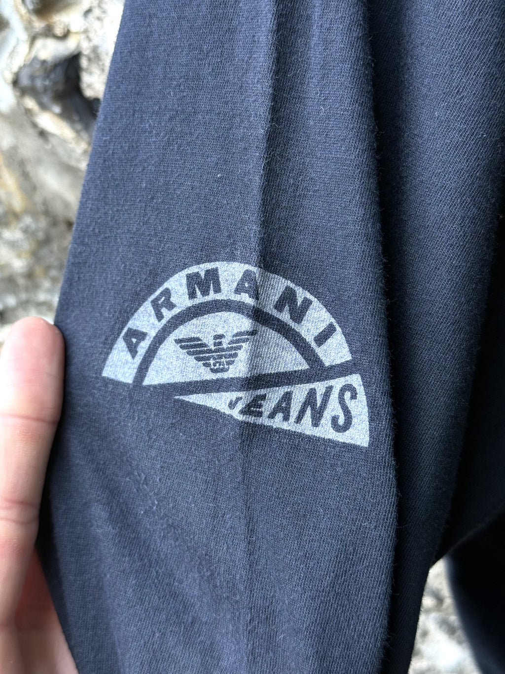 Vintage 1980's Armani Jeans Denin Exhibition LS Cotton Graphic Tee.