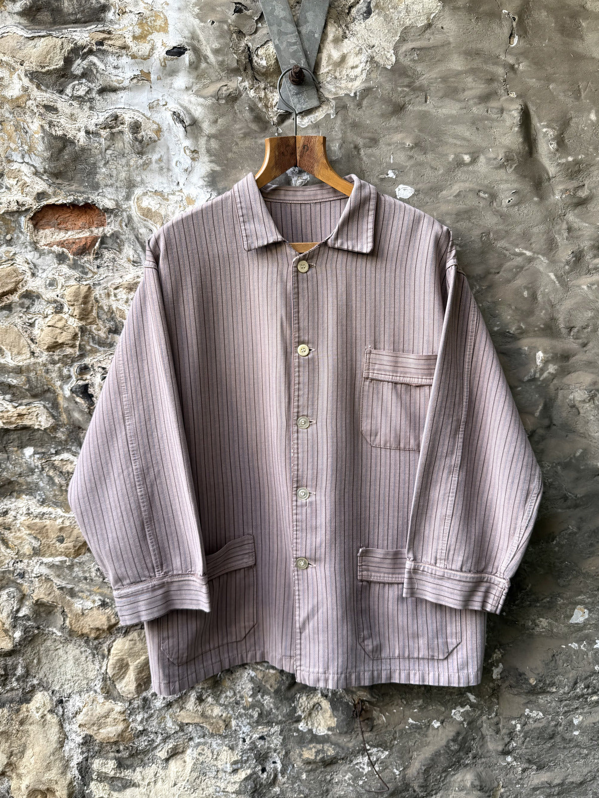 Vintage 30s 40s European Pinstripe Three Pocket Cotton Work Jacket.