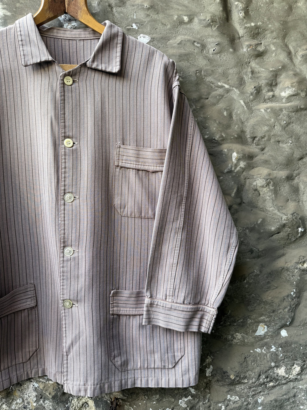 Vintage 30s 40s European Pinstripe Three Pocket Cotton Work Jacket.