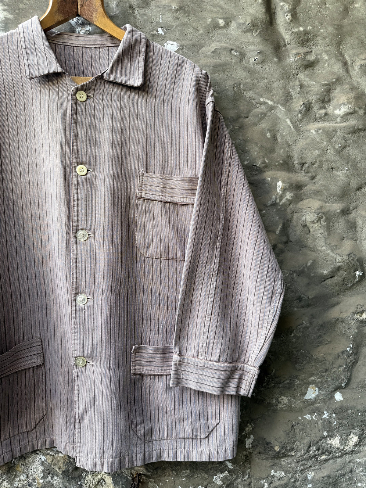 Vintage 30s 40s European Pinstripe Three Pocket Cotton Work Jacket.